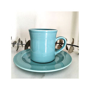 Vintage 80s cup & saucer set coffee mug Japan stoneware turquoise blue